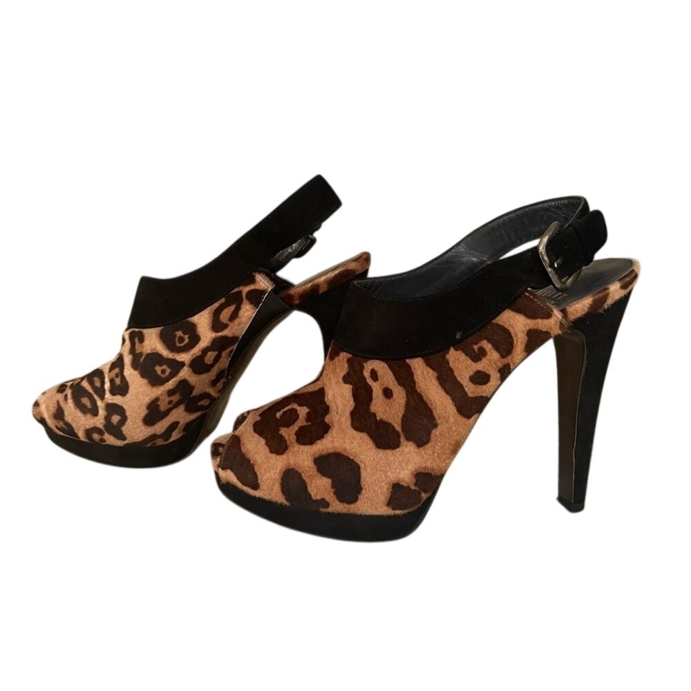 Stuart Weitzman Leopard Calf Hair Slingback Peep Toe Heels Size 7